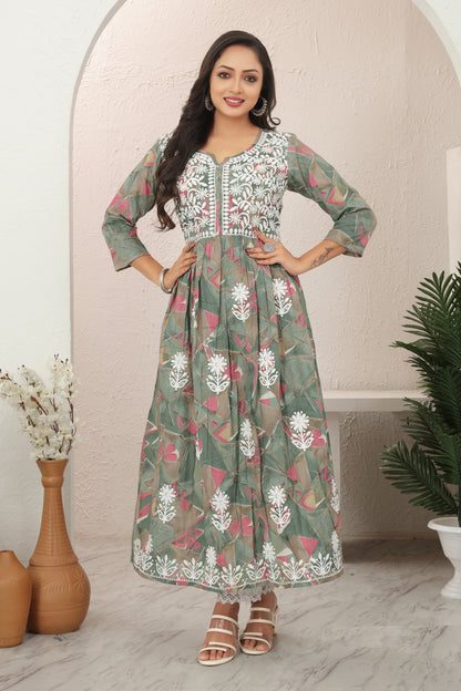 COTTON LUCKNOWI GOWN (5607)