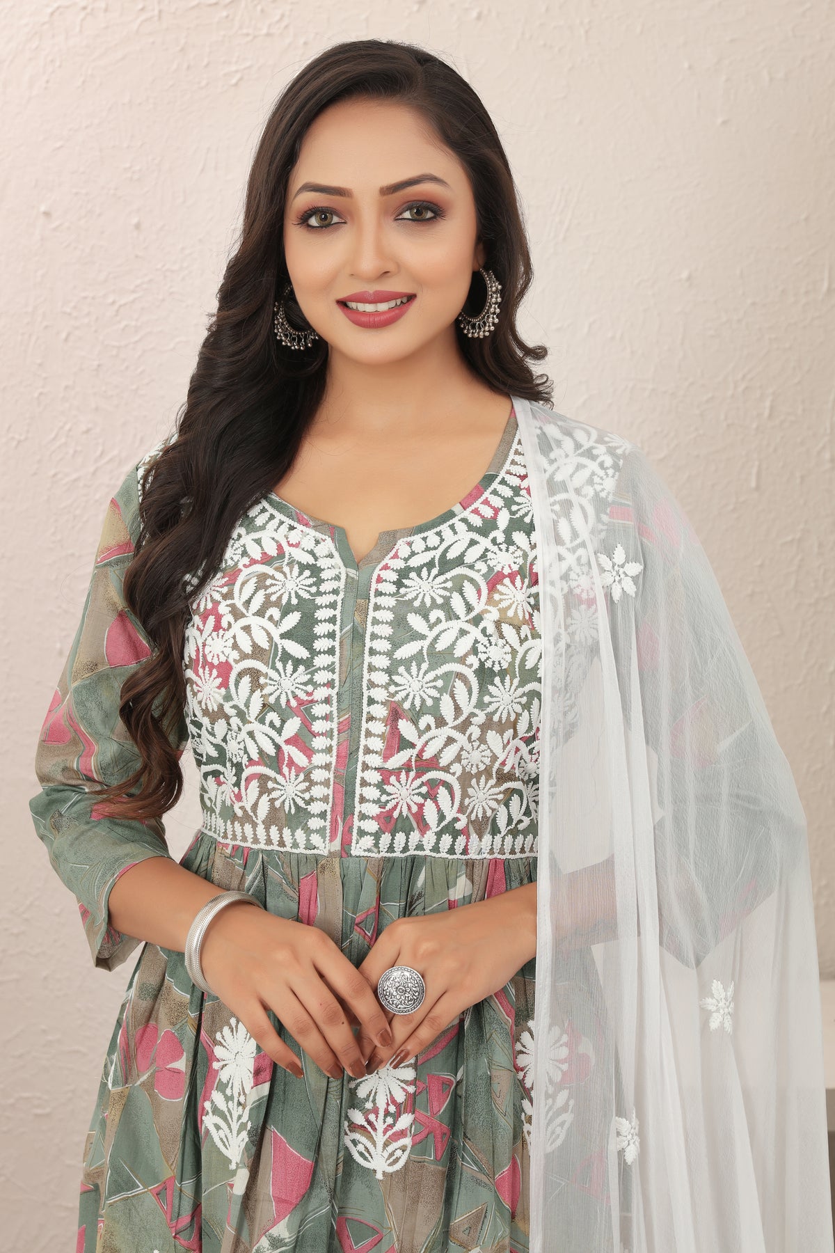 COTTON LUCKNOWI GOWN (5607)