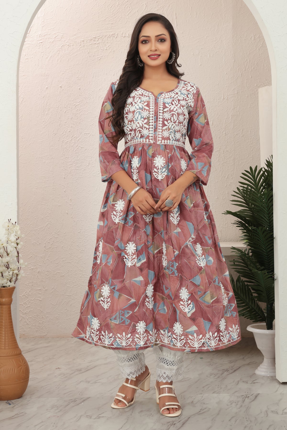 COTTON LUCKNOWI GOWN (5607)
