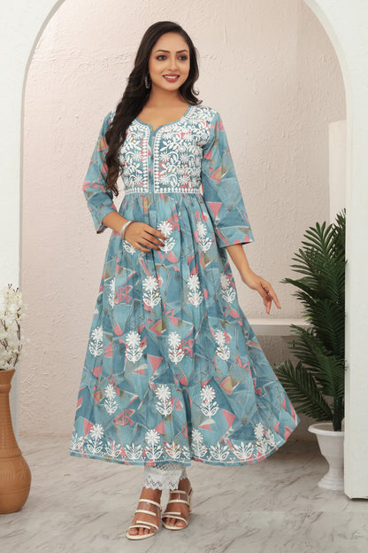 COTTON LUCKNOWI GOWN (5607)