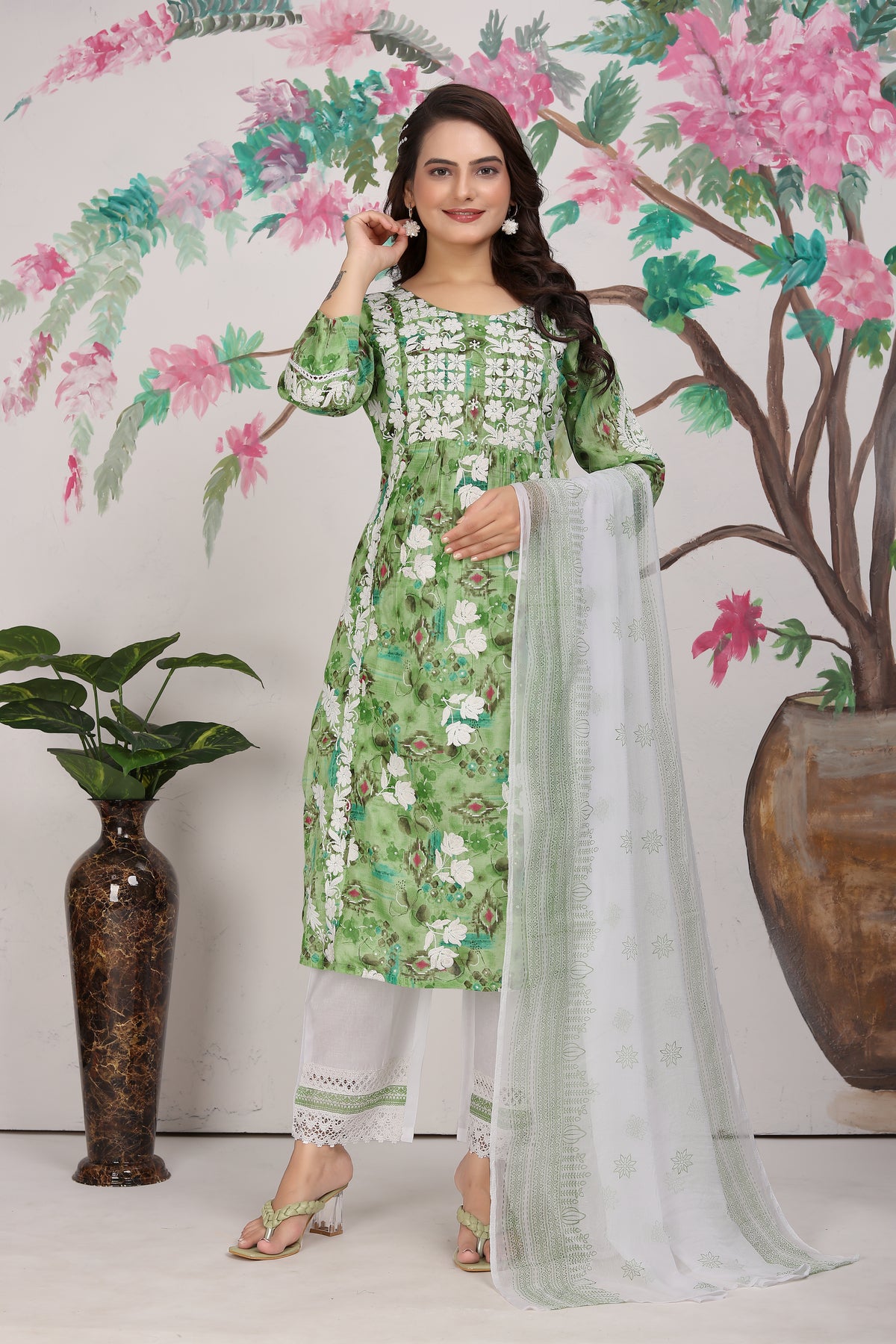 COTTON LUCKNOWI KURTI SET (4807)