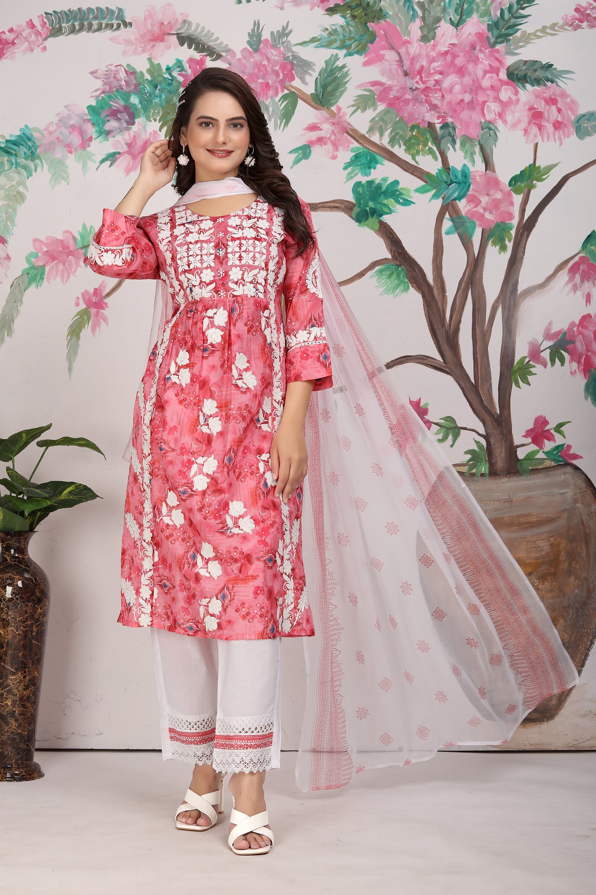 COTTON LUCKNOWI KURTI SET (4807)