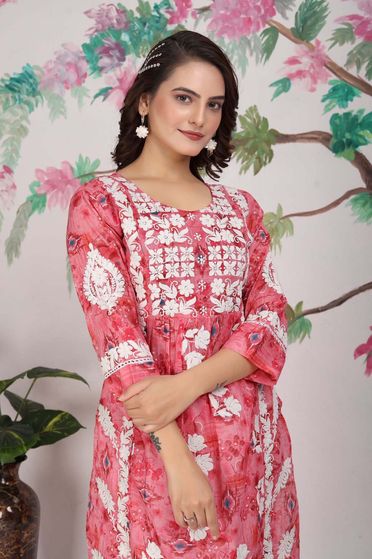 COTTON LUCKNOWI KURTI SET (4807)