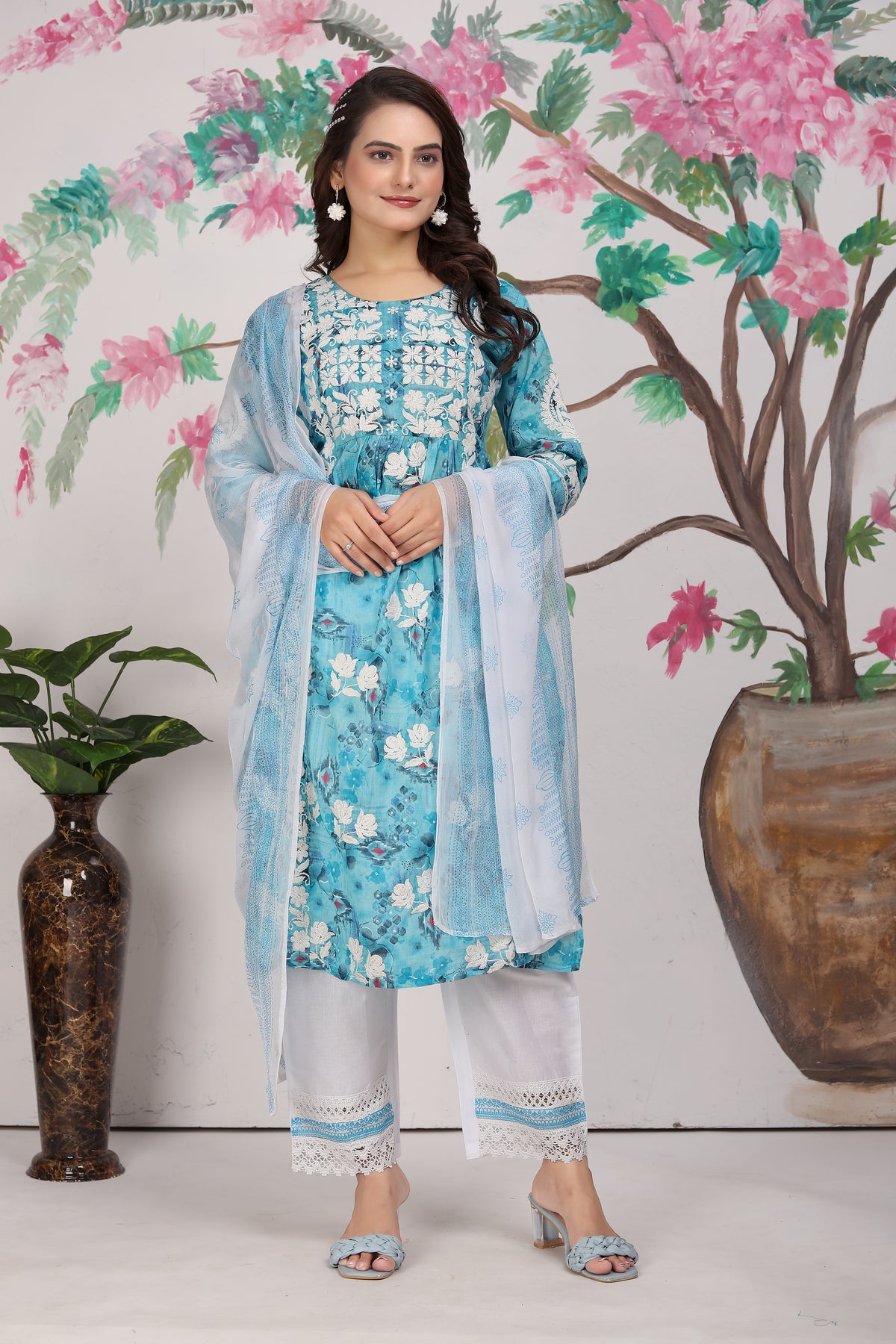 COTTON LUCKNOWI KURTI SET (4807)