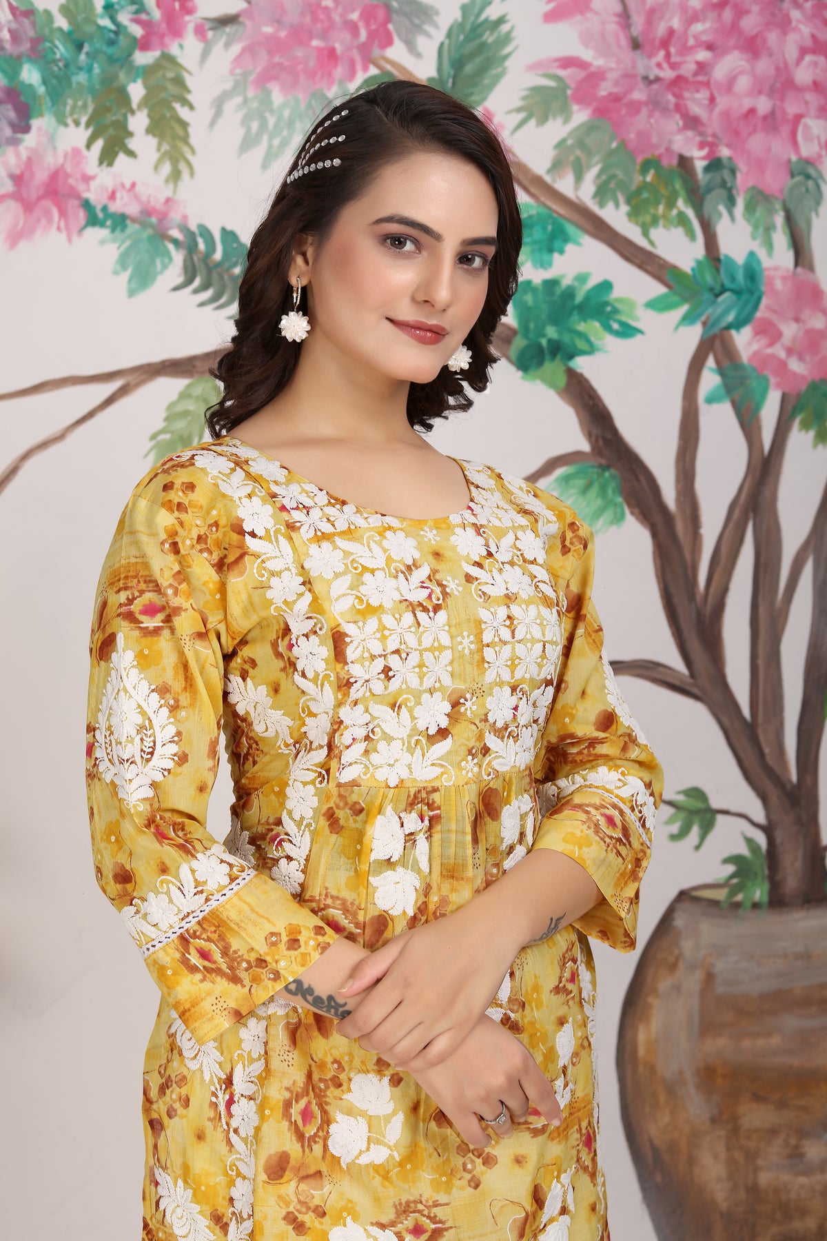 COTTON LUCKNOWI KURTI SET (4807)